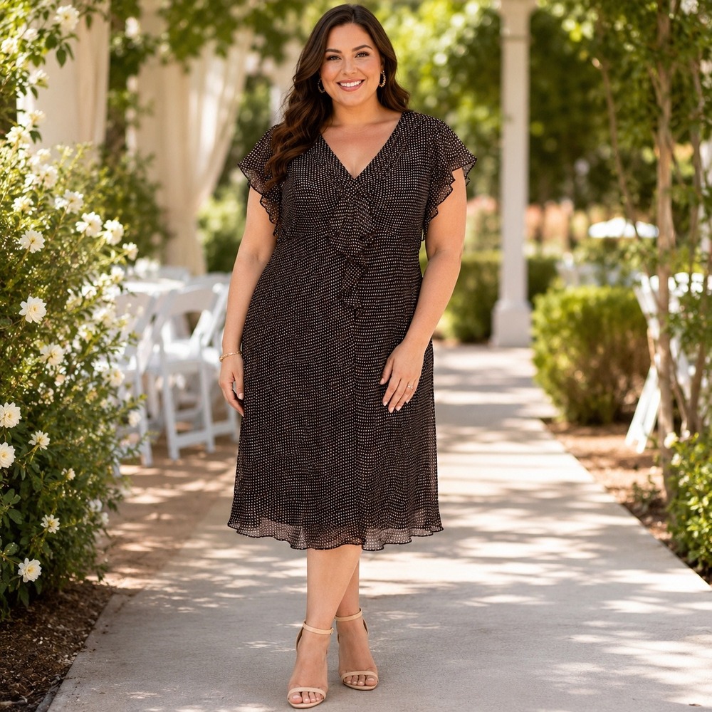 Dressbarn Women 16W Brown Polka Dot Ruffle V Neck Midi Dress Plus Size